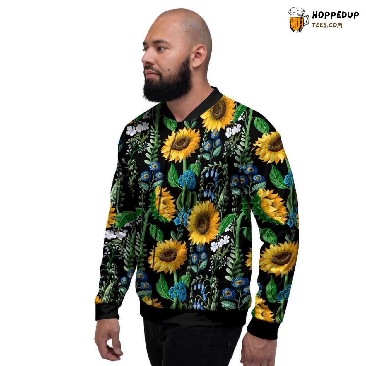 Sunflower Floral Black Vibrant Design Men’s Bomber Jacket Nature Inspired Art