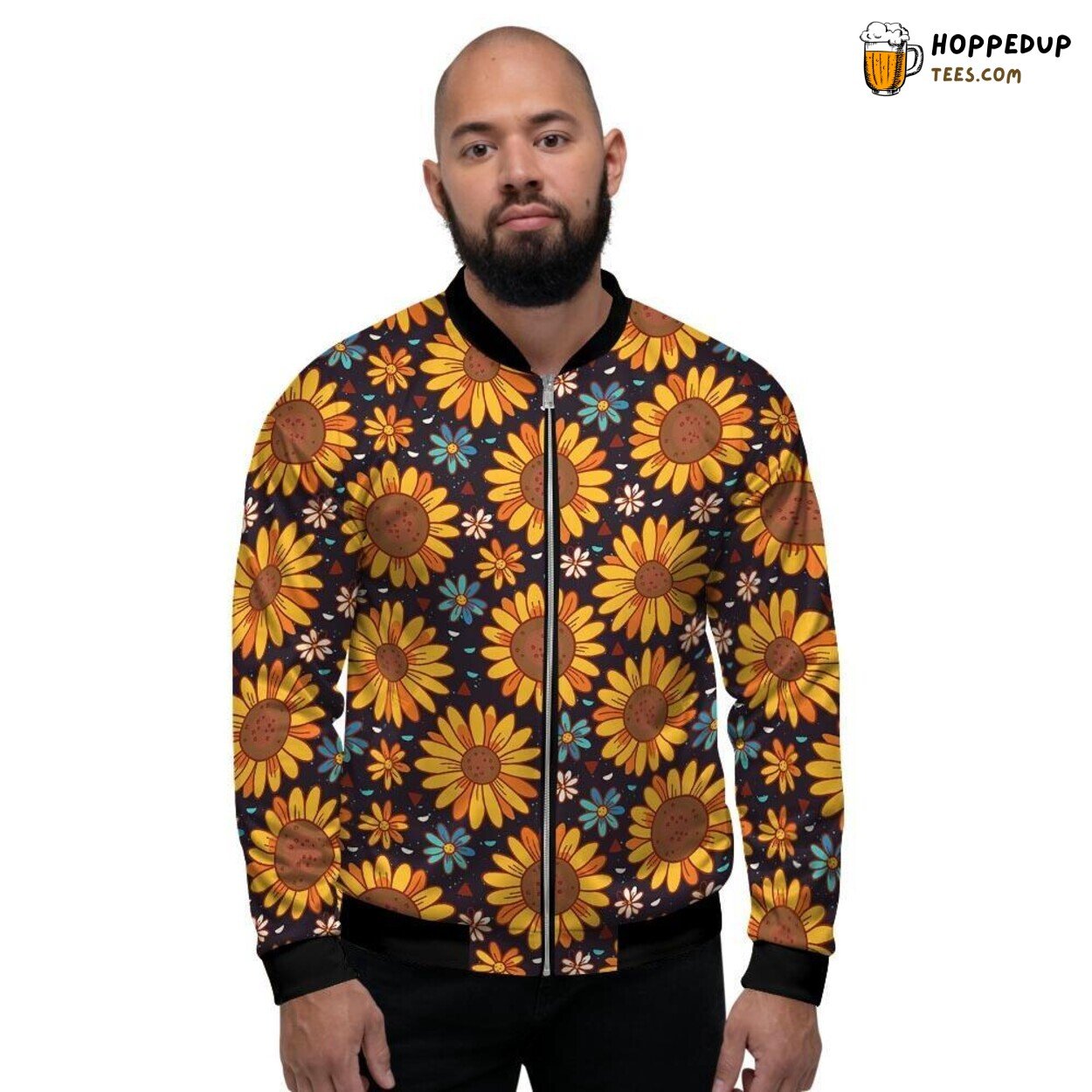 Sunflower Inspired Floral Design Men’s Bomber Jacket Nature Bloom Print Style