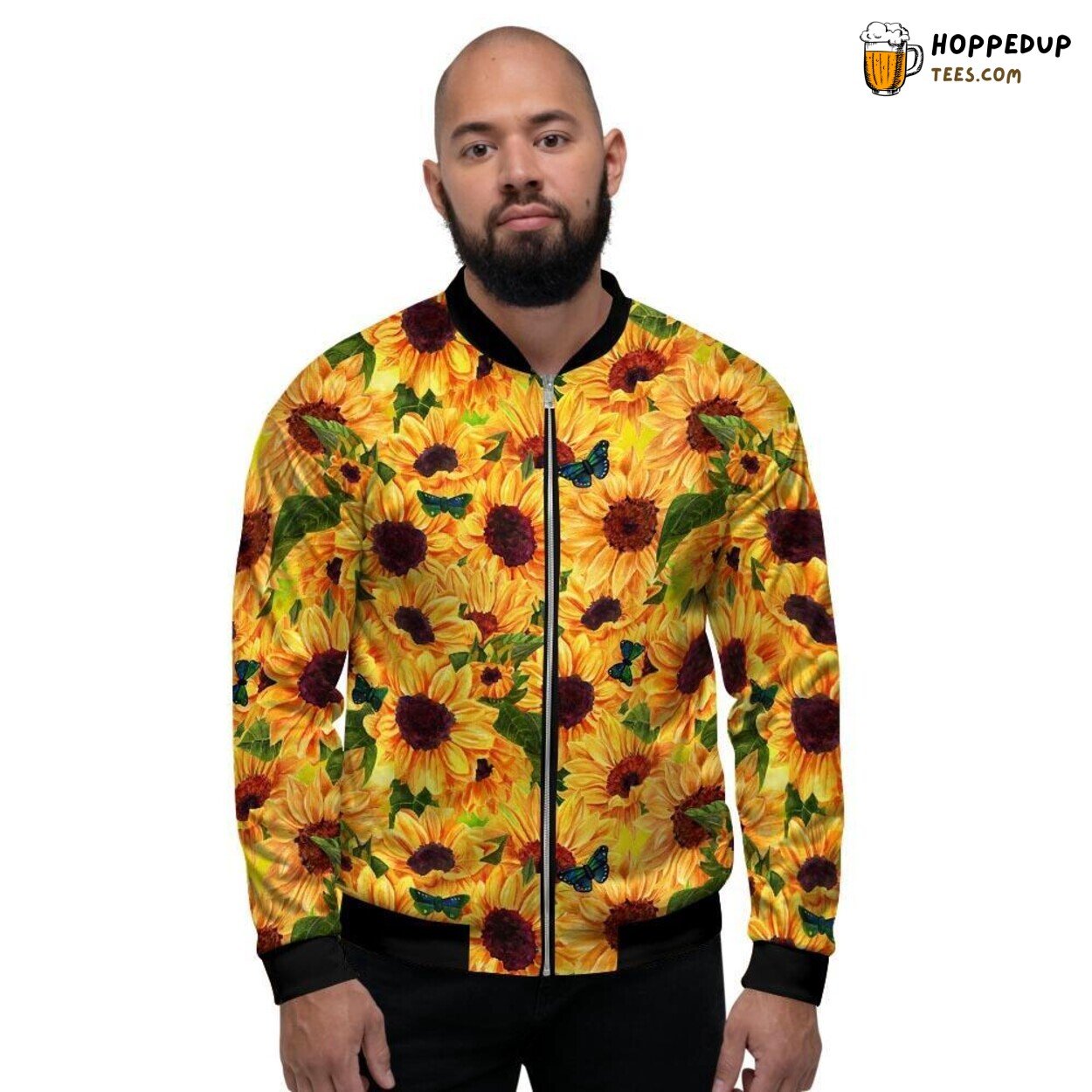 Sunflower Paired Butterfly Design Men’s Bomber Jacket Nature Floral Fusion Look
