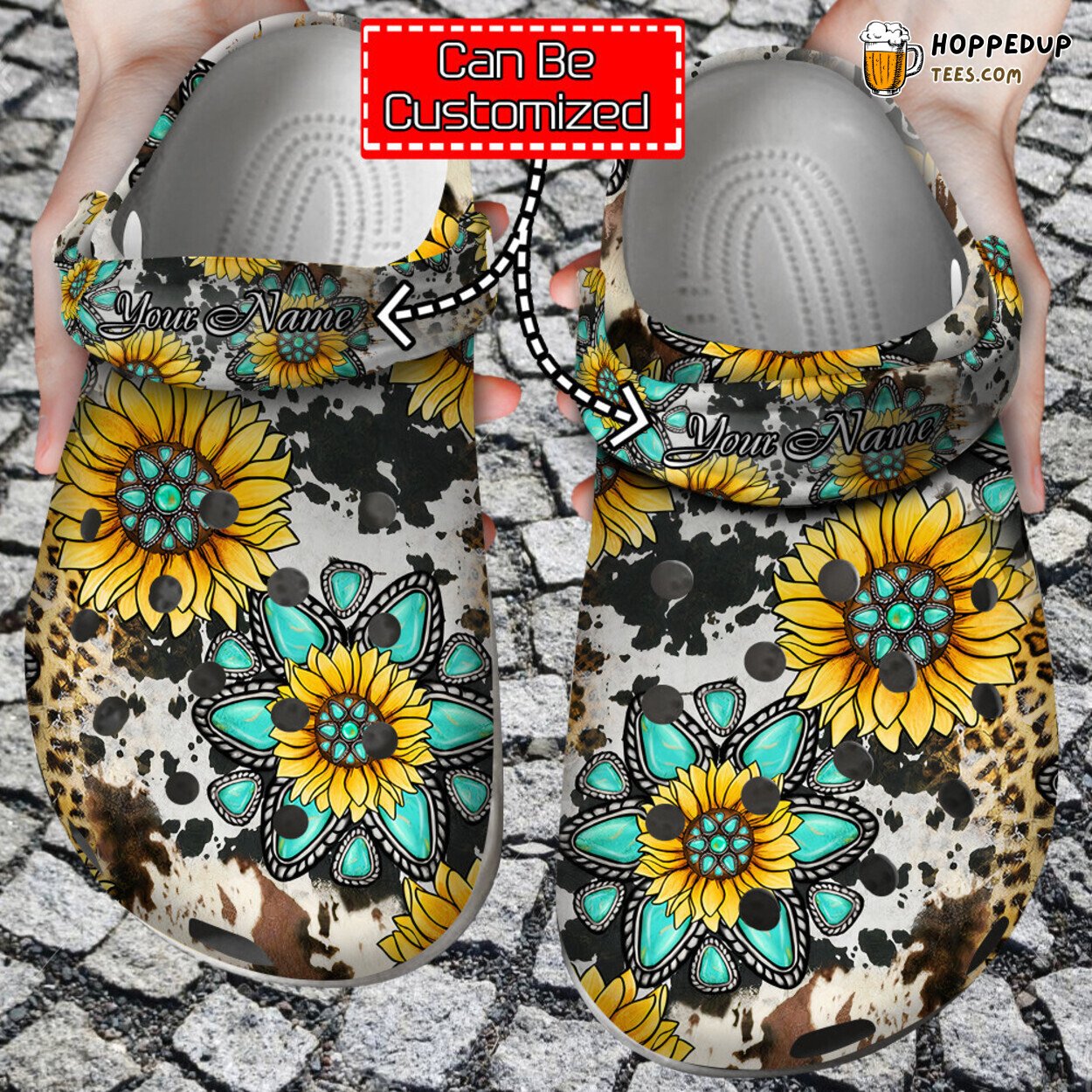 Sunflower Print Personalized Cowhide Gemstone Themed Comfortable Clog Shoes