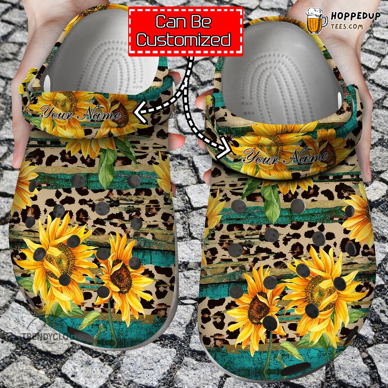 Sunflower Print Rustic Tea Wood Leopard Pattern Clog Shoes