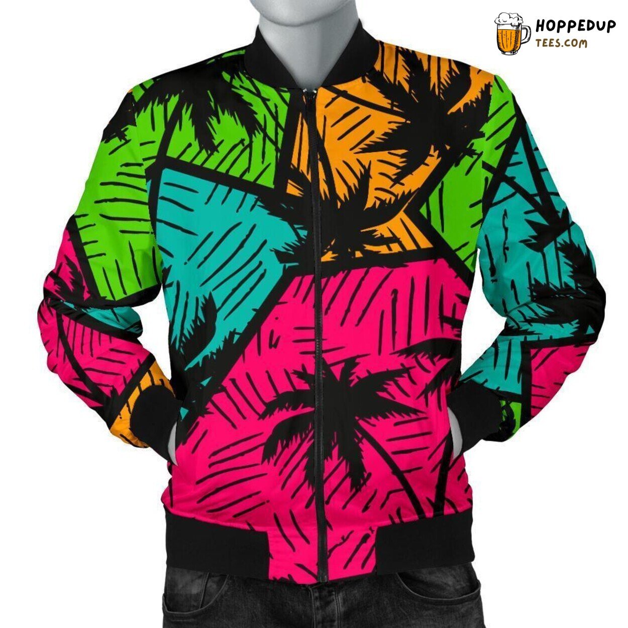 Sunlit Palm Tree Beach Men’s Bomber Jacket Distinct Pattern Design Tribute