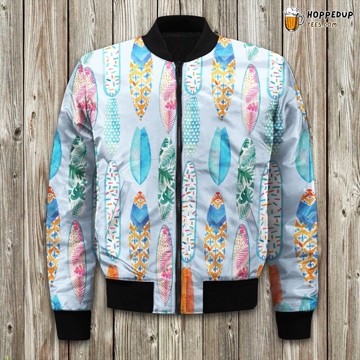 Surf Board Ocean Waves Winter Bomber Jacket Beach Adventure