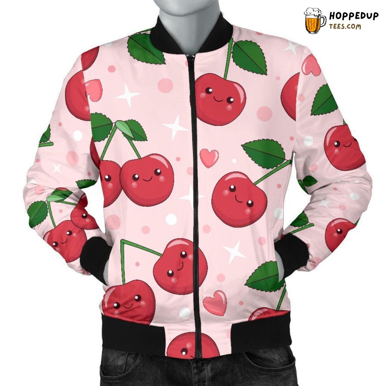 Sweet Cherry Essence Men’s Bomber Jacket Unique Pattern Design Display