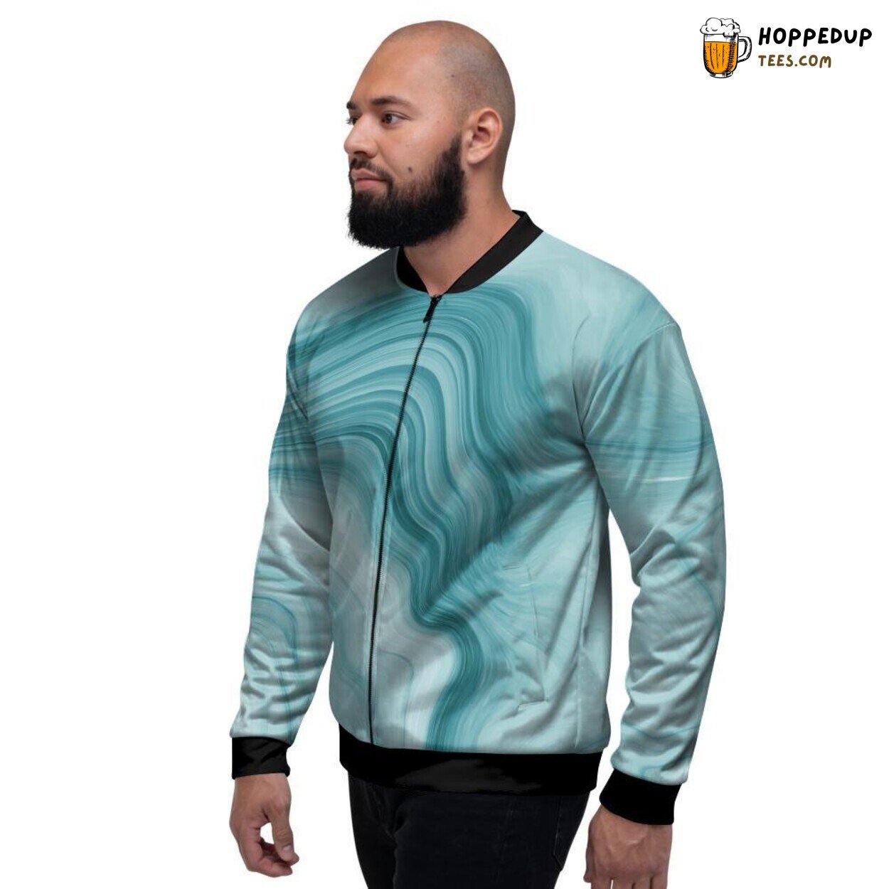 Swirling Green Ink Marble Design Men’s Bomber Jacket Artistic Pattern Display