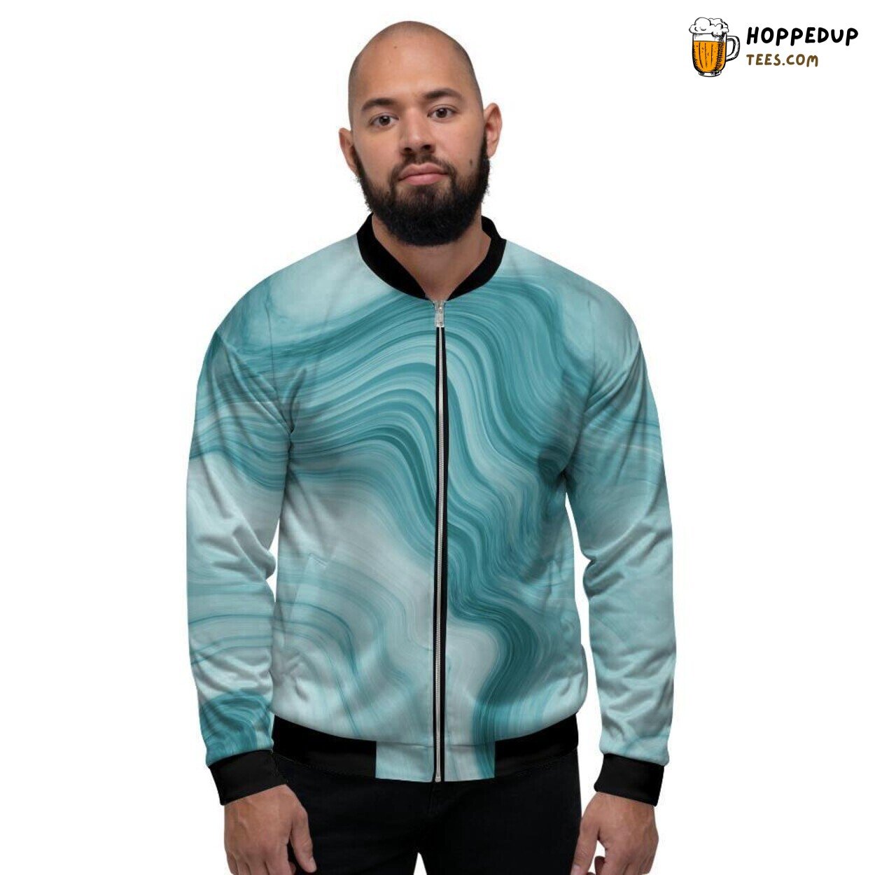 Swirling Green Ink Marble Design Men’s Bomber Jacket Artistic Pattern Display