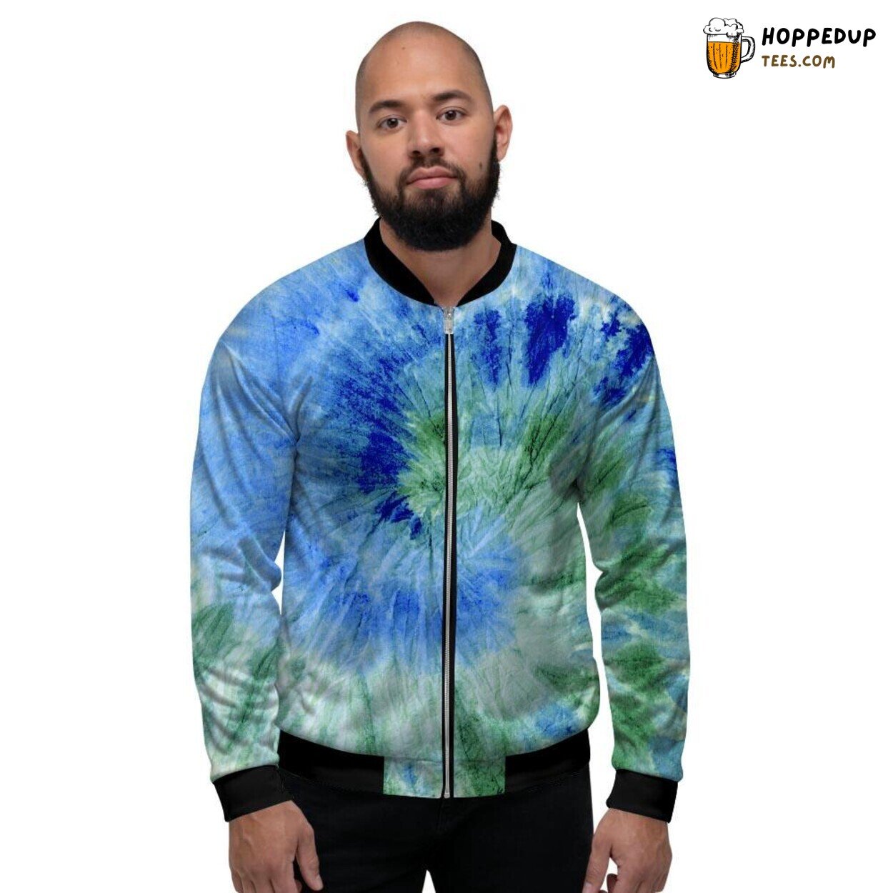 Swirling Tie Dye Design in Green Blue Men’s Bomber Jacket Retro Art Display