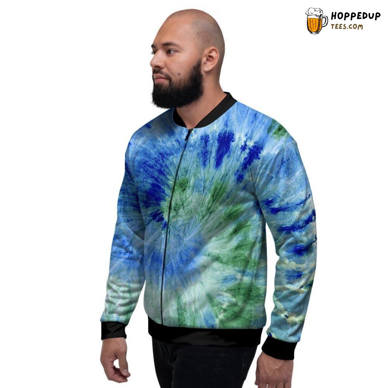 Swirling Tie Dye Design in Green Blue Men’s Bomber Jacket Retro Art Display