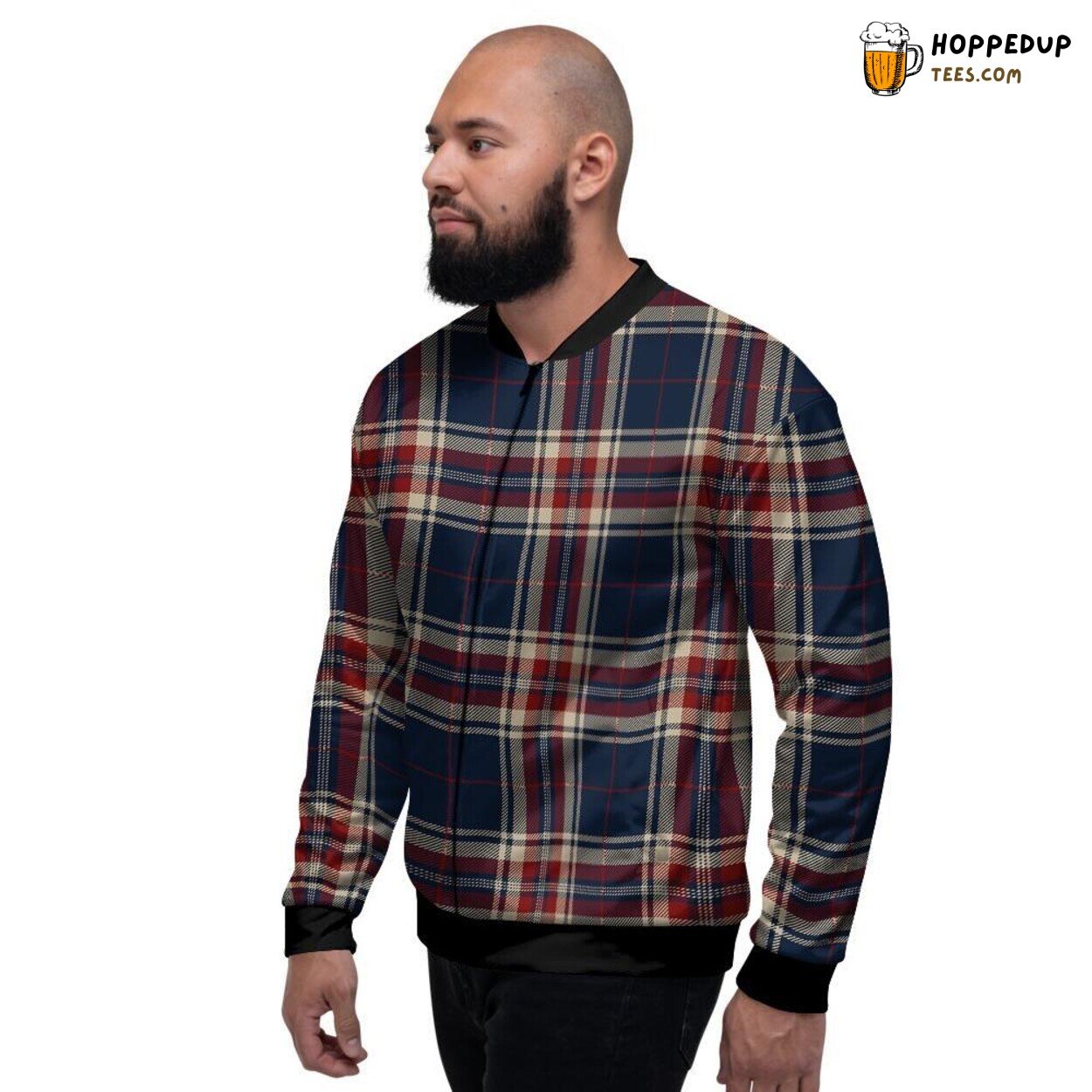 Tartan Plaid Beige Blue Red Classic Design Men’s Bomber Jacket Checkered Art