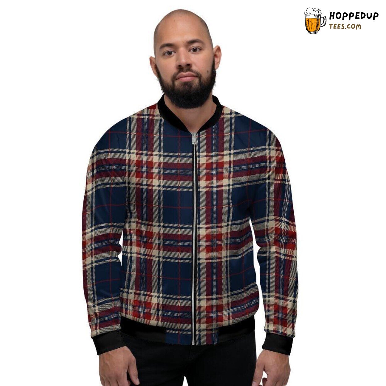 Tartan Plaid Beige Blue Red Classic Design Men’s Bomber Jacket Checkered Art