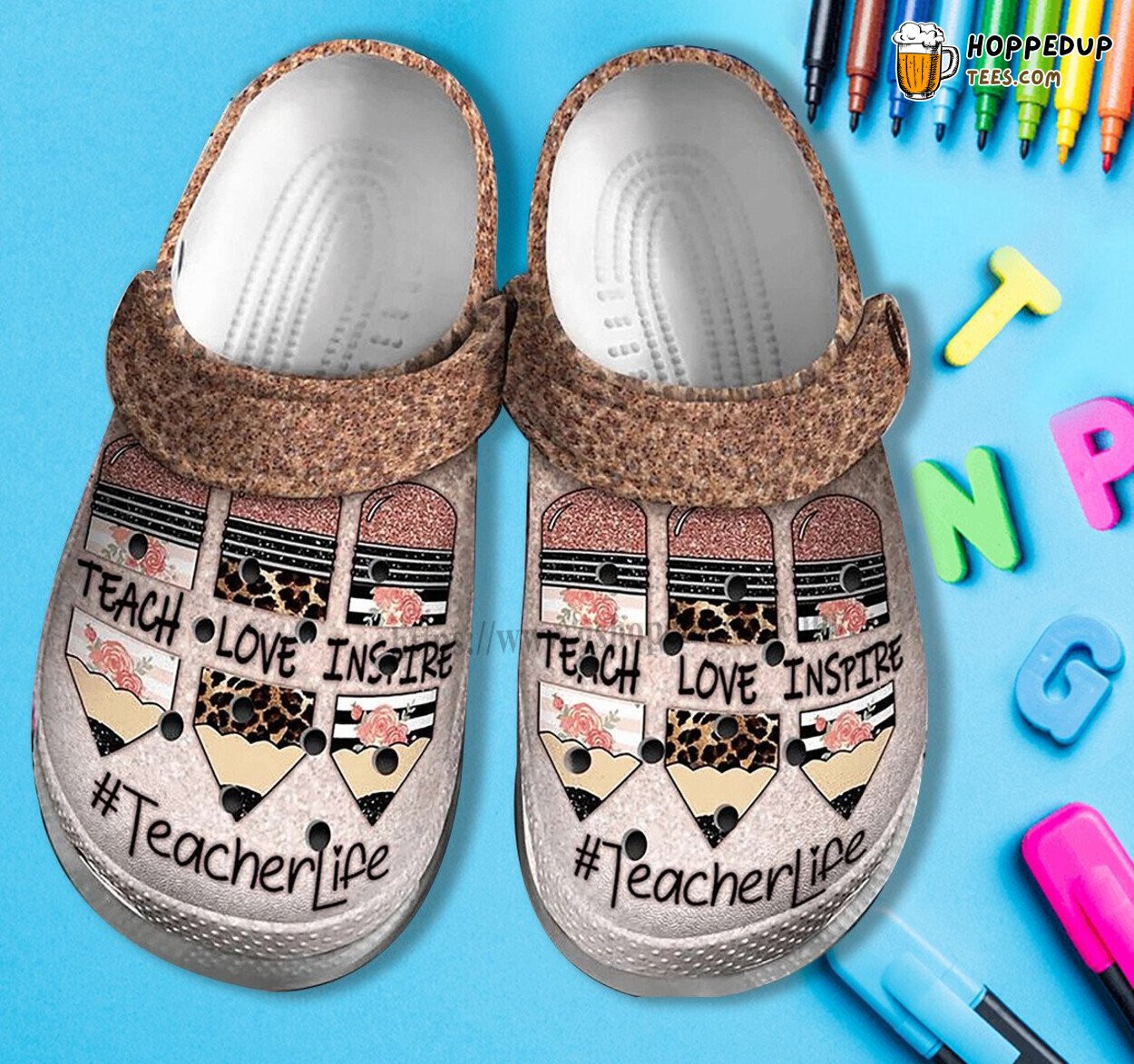 Teacher Life Love Inspire Shoes Wife Mother Day Pencil Leopard Clogs