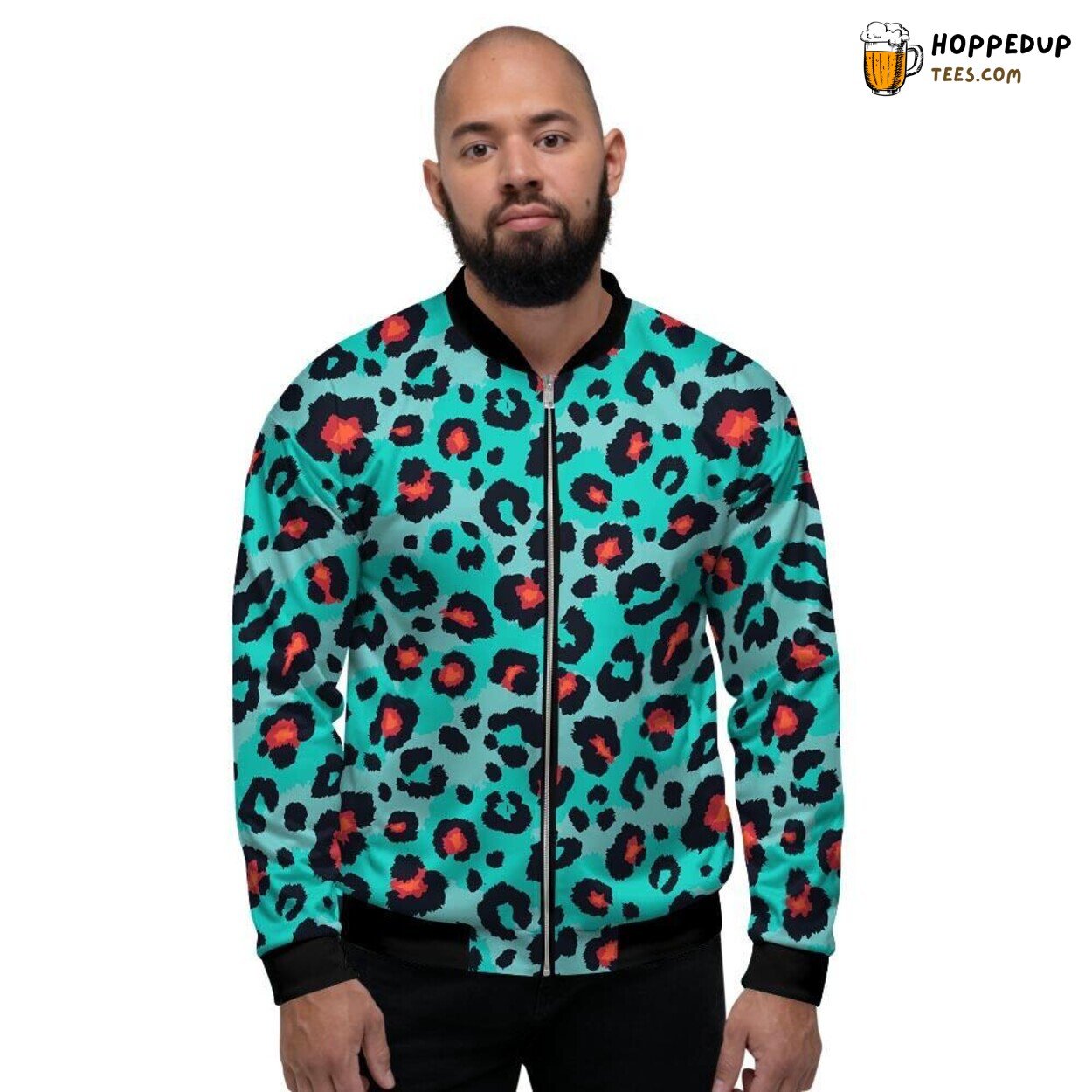 Teal Color Leopard Print Design Men’s Bomber Jacket Exotic Wildlife Fashion