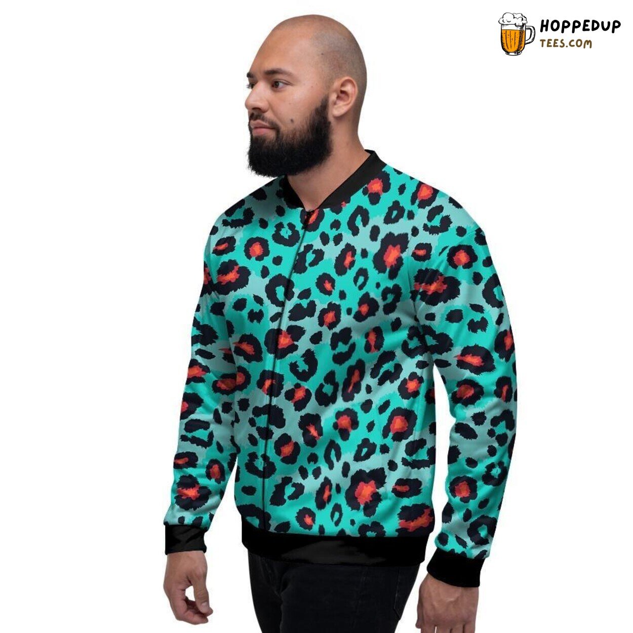 Teal Color Leopard Print Design Men’s Bomber Jacket Exotic Wildlife Fashion
