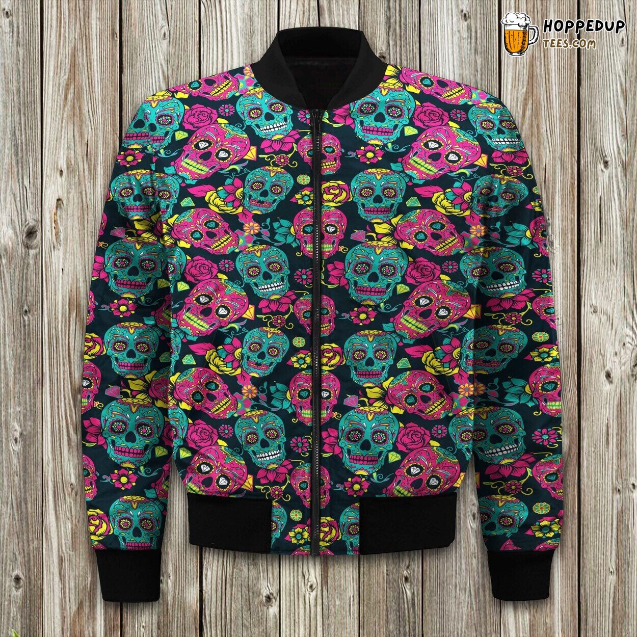 Teal Pink Sugar Skull Winter Jacket Bomber Unique Design Collection Style