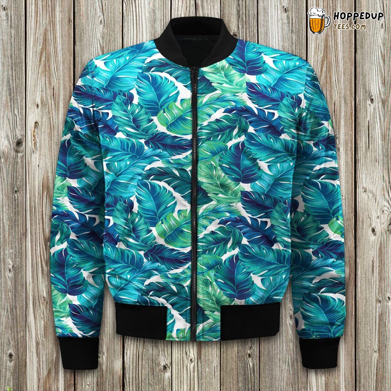 Teal Tropical Leaf Bomber Jacket