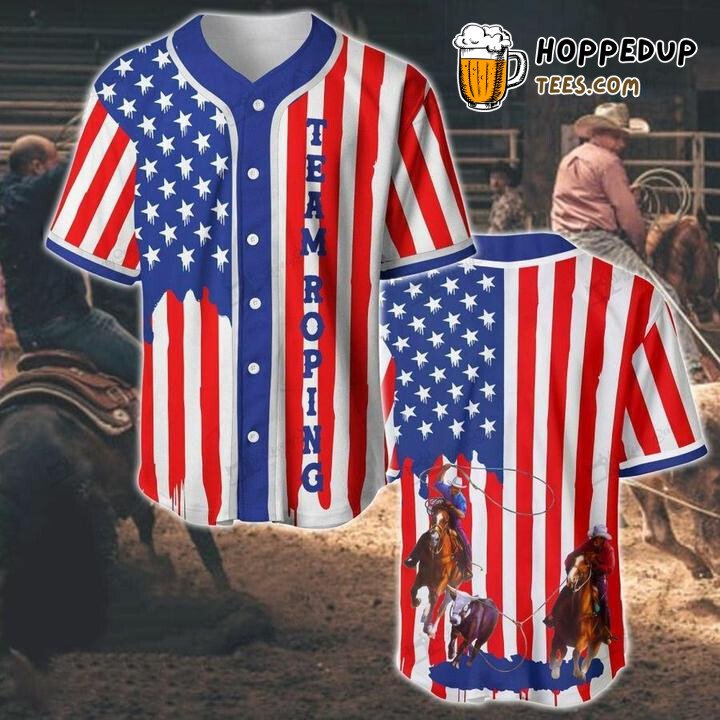 Team Roping U.S Flag Stripes Baseball Tee Jersey Shirt Printed 3D Team Roping U.S Flag Stripes Baseball Tee Jersey Shirt Printed 3D