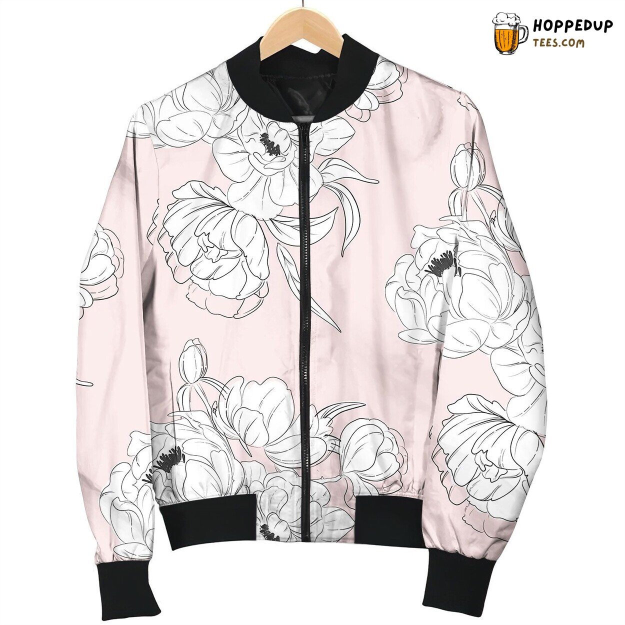 Tender White Black Peony Floral Decoration Bomber Jacket