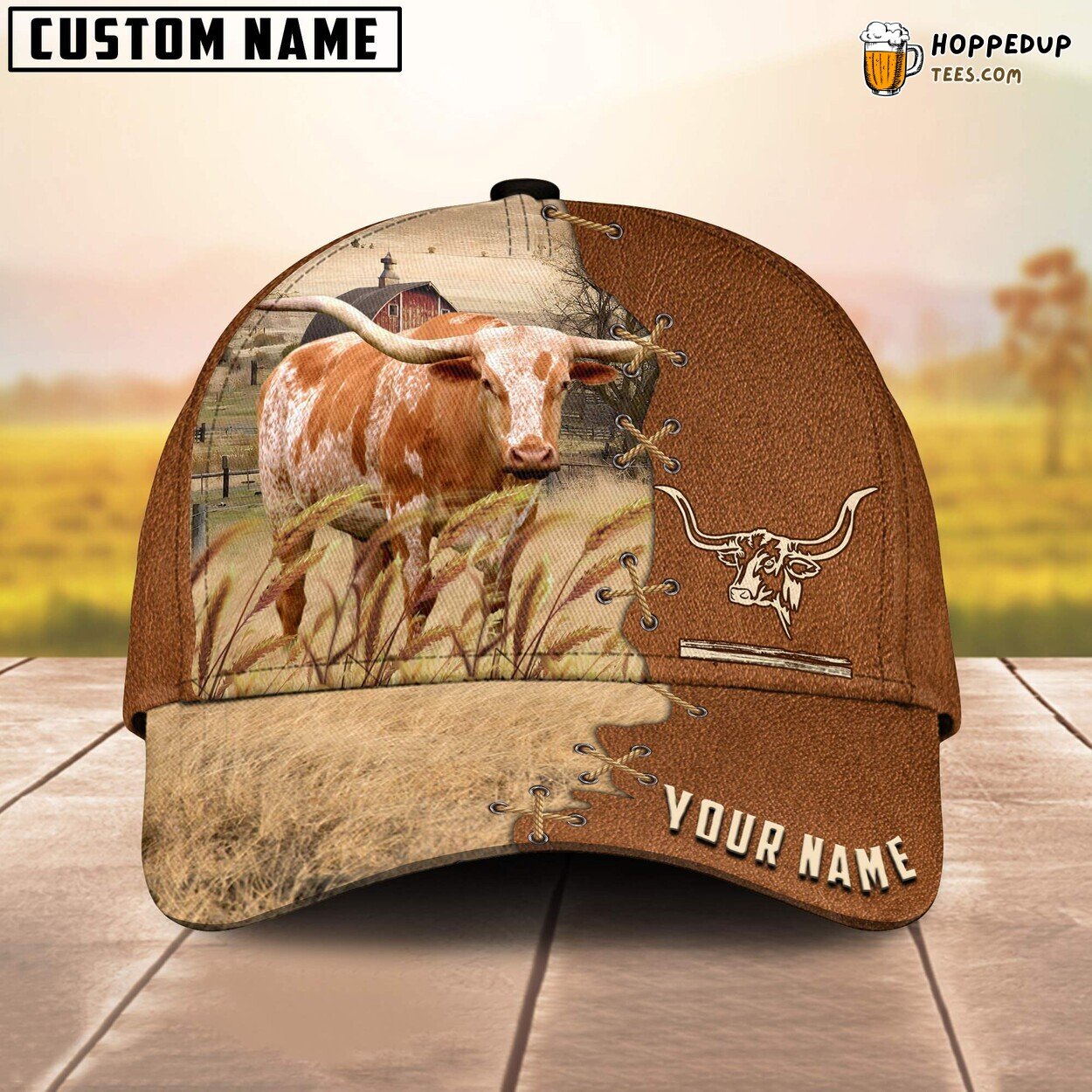 Texas Longhorn Brown Leather Name 3D Cap Baseball Print Farm Lovers Animal Unique