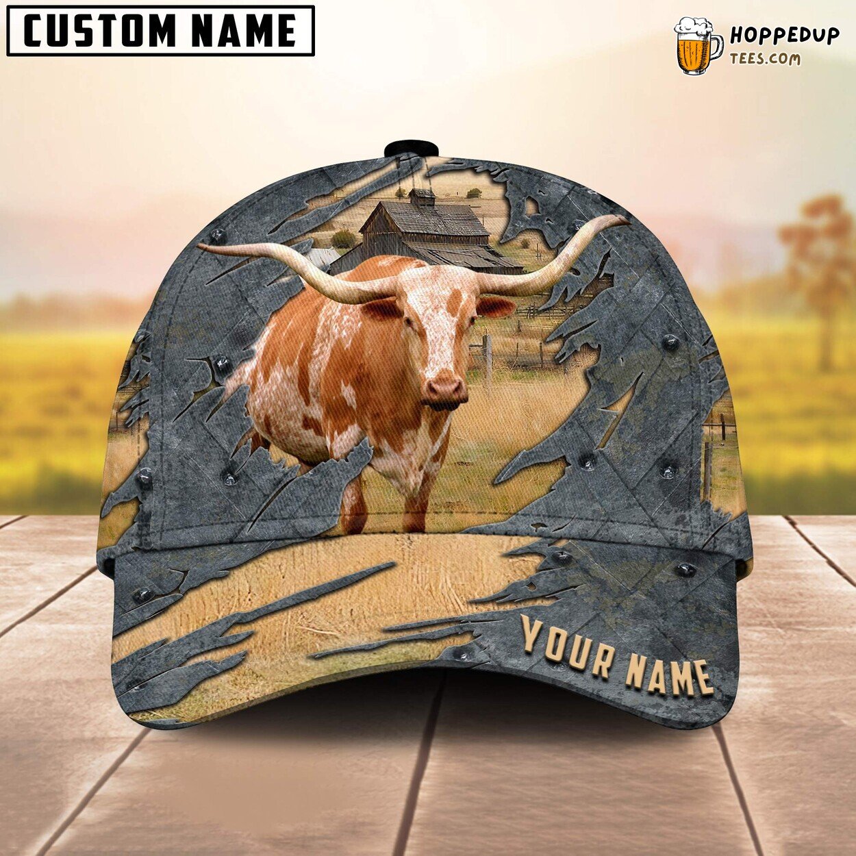 Texas Longhorn Name 3D Cap Baseball Print Farm Lovers Animal Leather Pattern