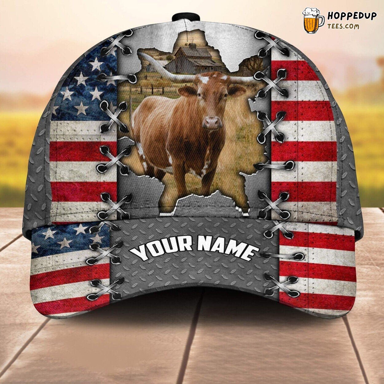 Texas Longhorn US Flag Name 3D Cap Baseball Print Farm Lovers Leather Animal