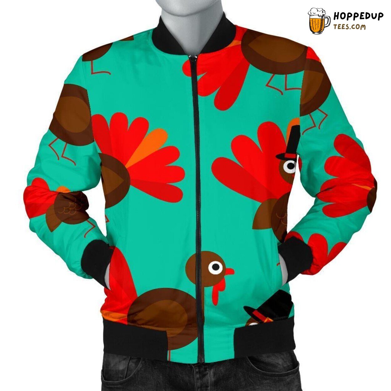 Thanksgiving Feast Turkey Design Men’s Bomber Jacket Festive Pattern Art