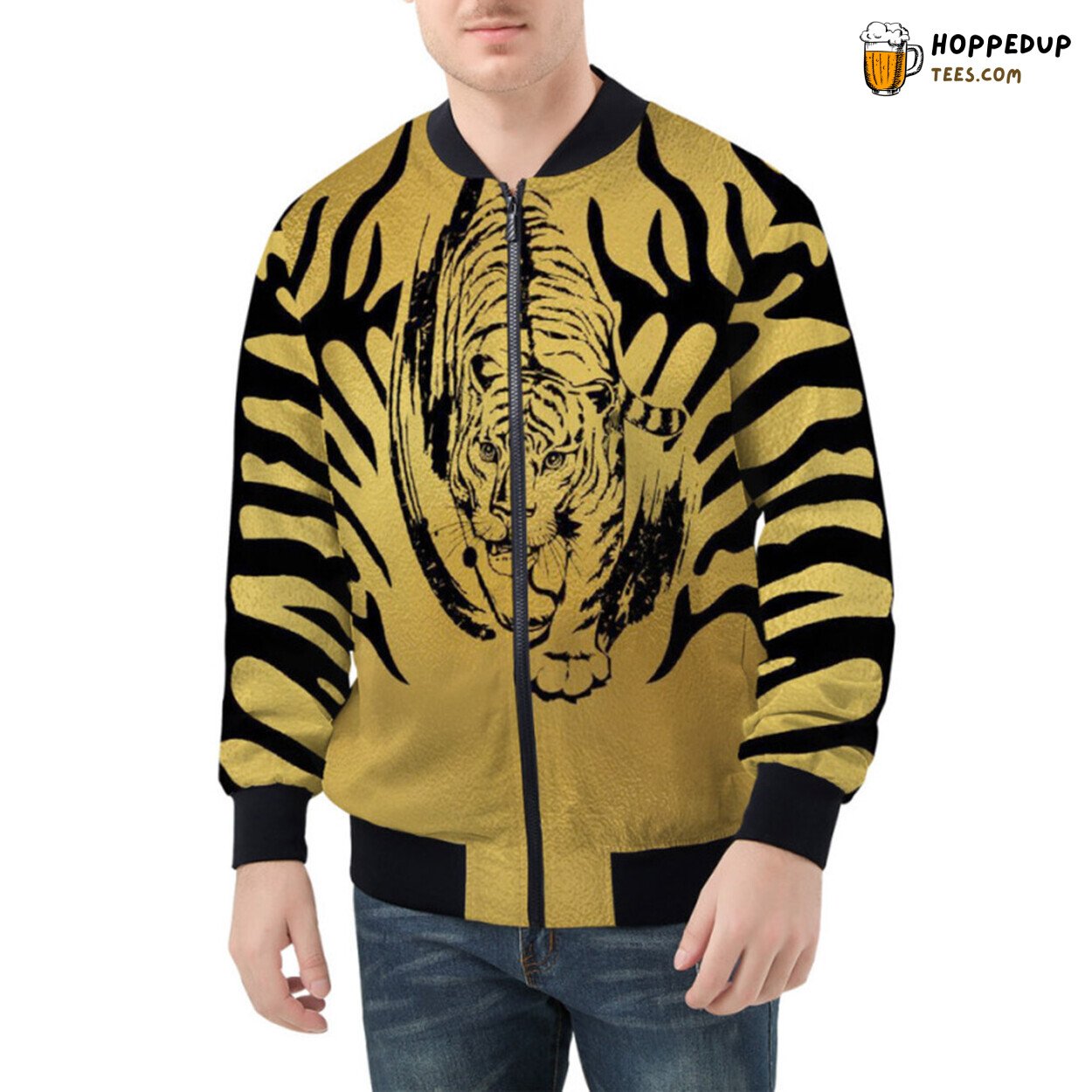 The Power and Stealth of a Crouching Tiger Hunting Displayed Bomber Jacket