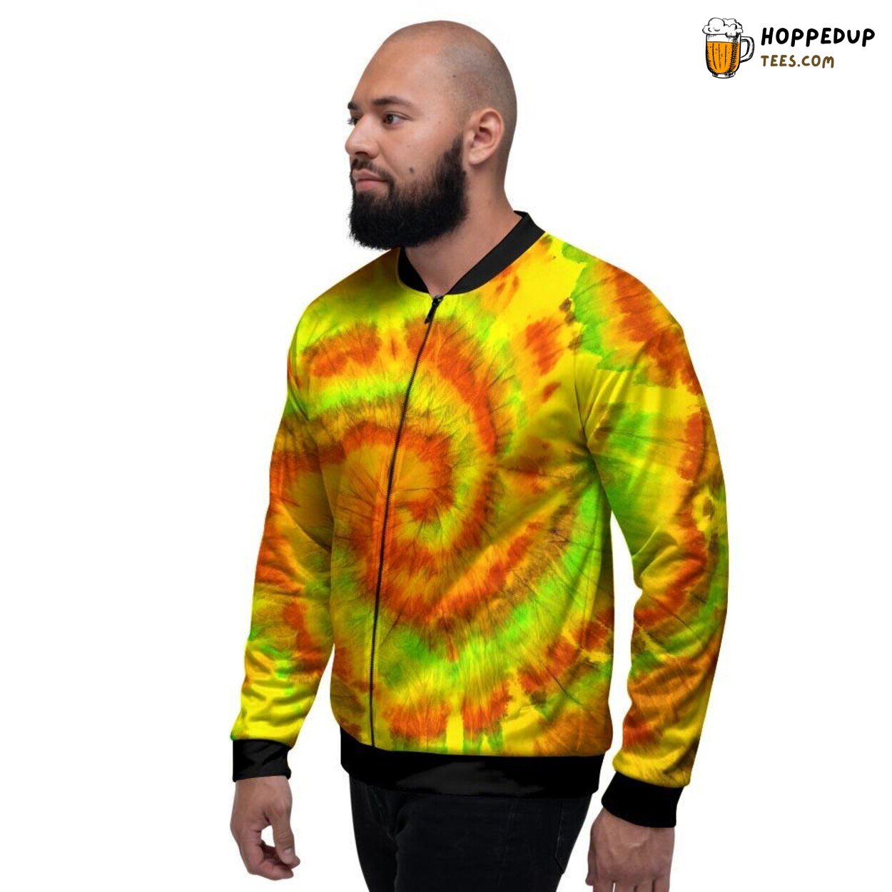 Tie Dye Design Vibrant Yellow Men’s Bomber Jacket Swirling Sun Fashion Statement