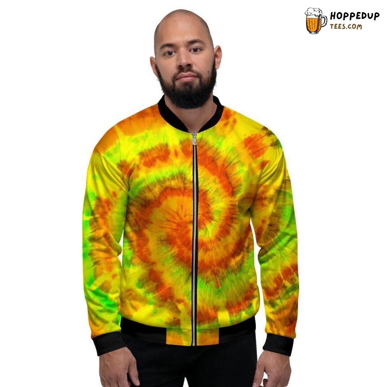 Tie Dye Design Vibrant Yellow Men’s Bomber Jacket Swirling Sun Fashion Statement Tie Dye Design Vibrant Yellow Men’s Bomber Jacket Swirling Sun Fashion Statement