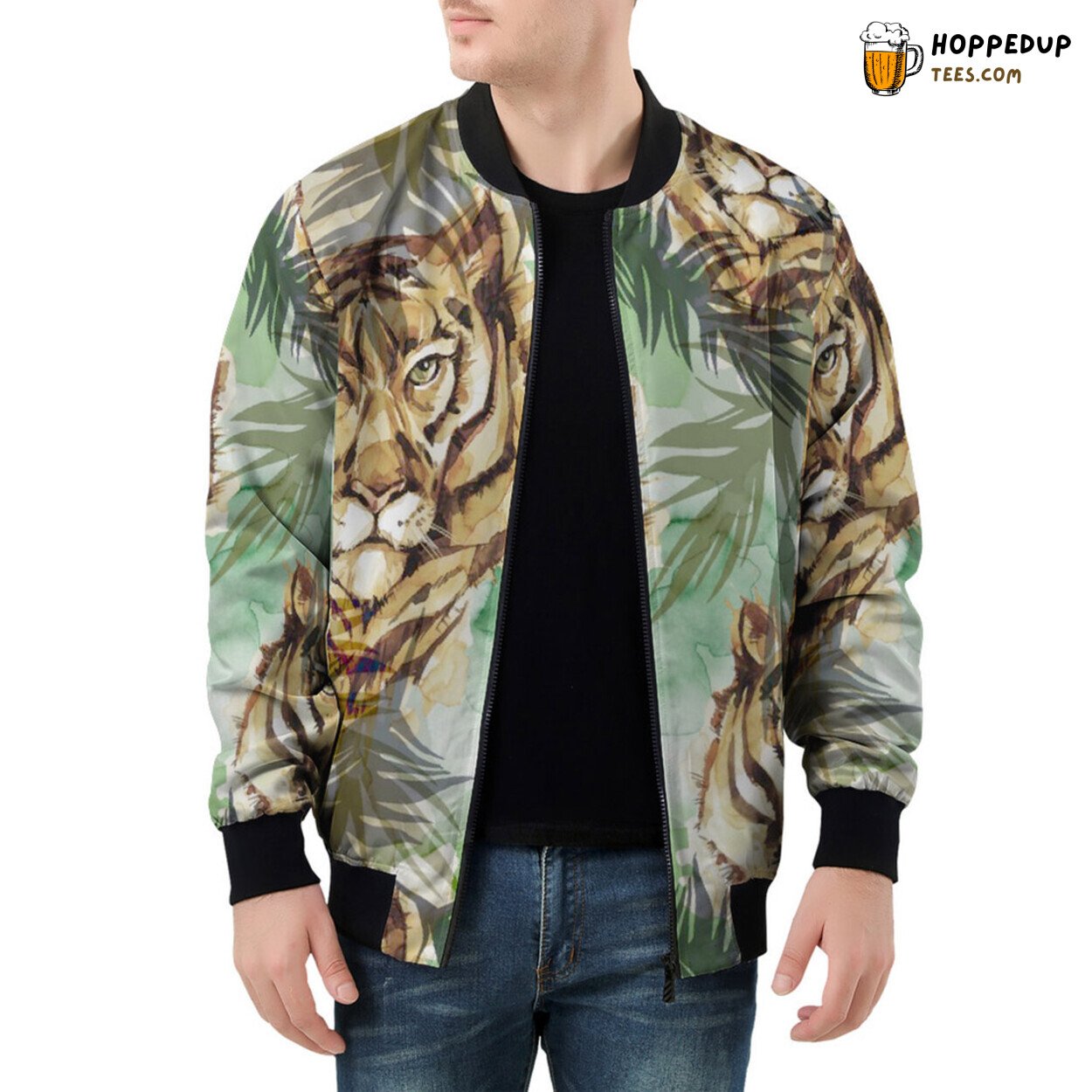 Tigers Stalk Amidst Lush Tropical Greenery Men’s Bomber Jacket