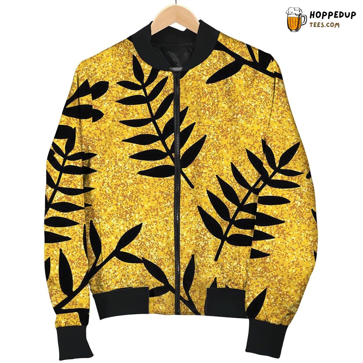 Tile Tropical Pattern With Black Leaves On Gold Bomber Jacket