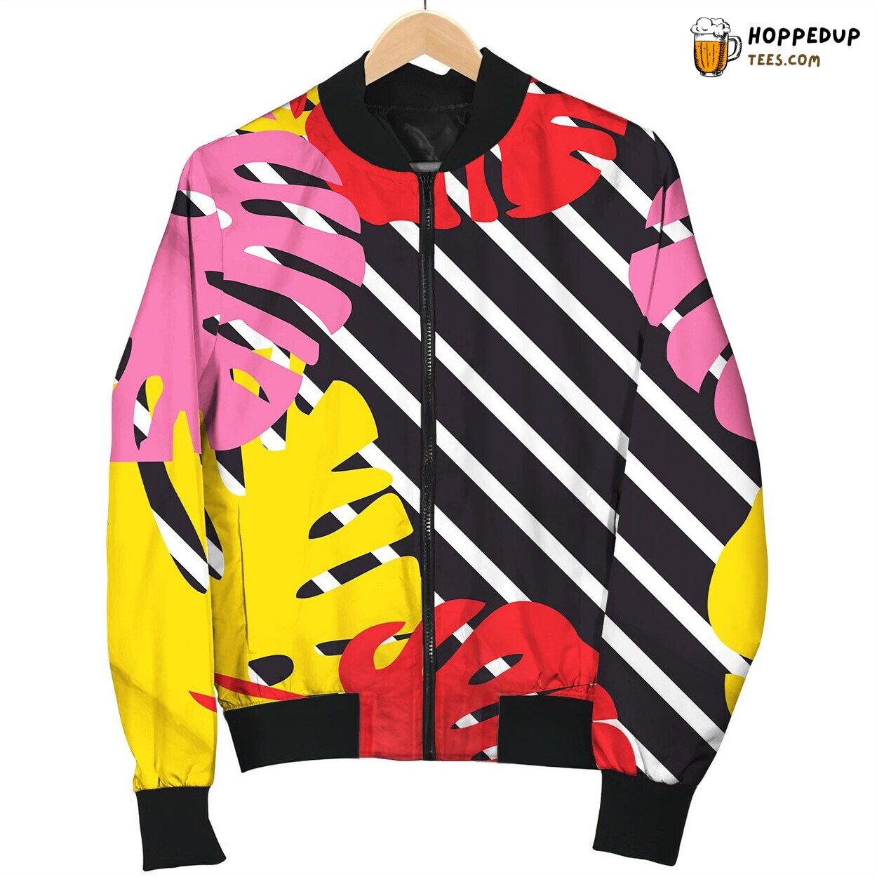 Tile Tropical Pattern With Exotic Leaves And White Bomber Jacket