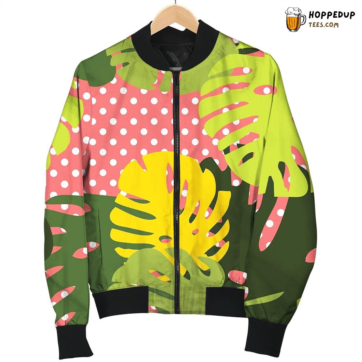 Tile Tropical Pattern With Exotic Leaves On Dots Bomber Jacket