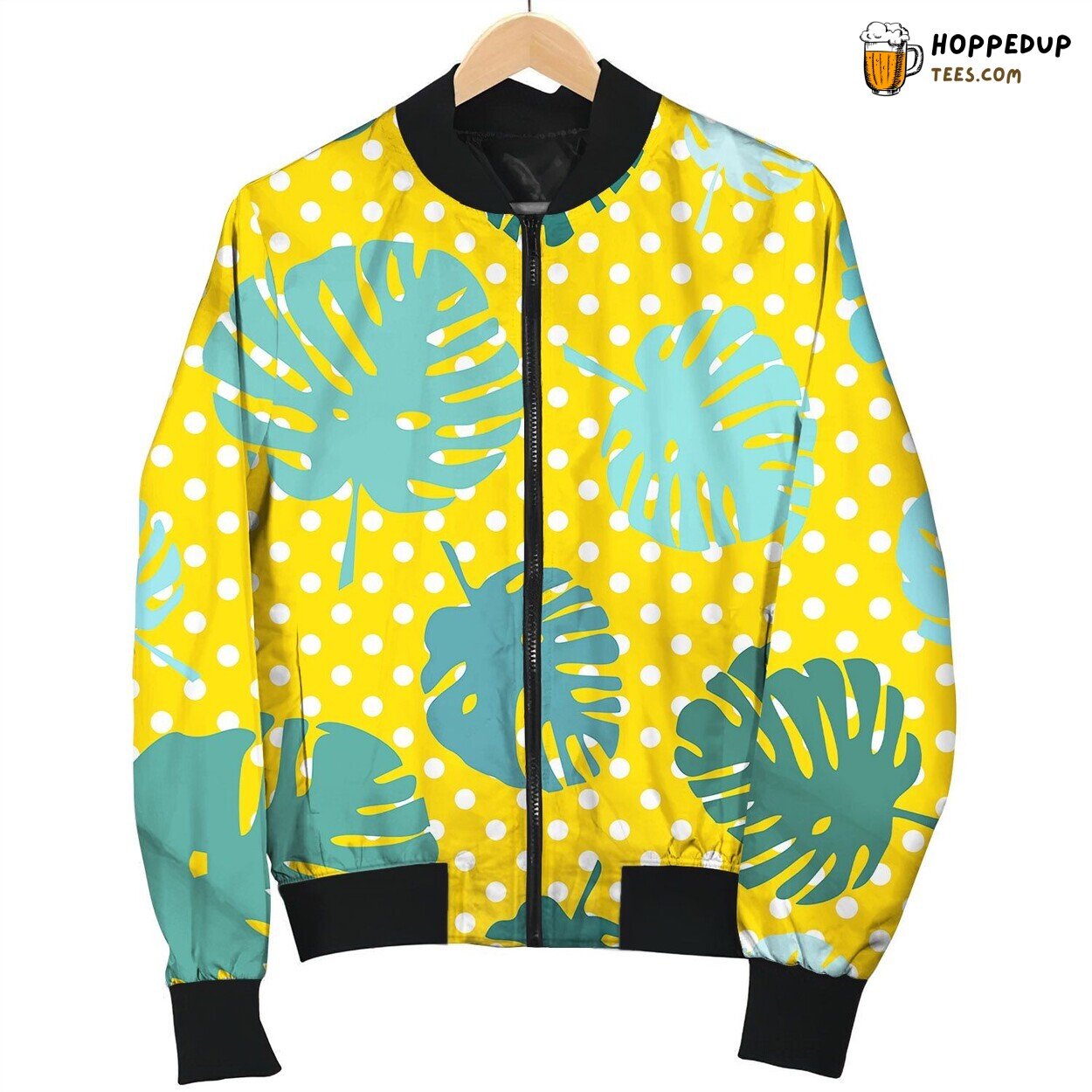 Tile Tropical Pattern With Exotic Leaves On Polka Bomber Jacket