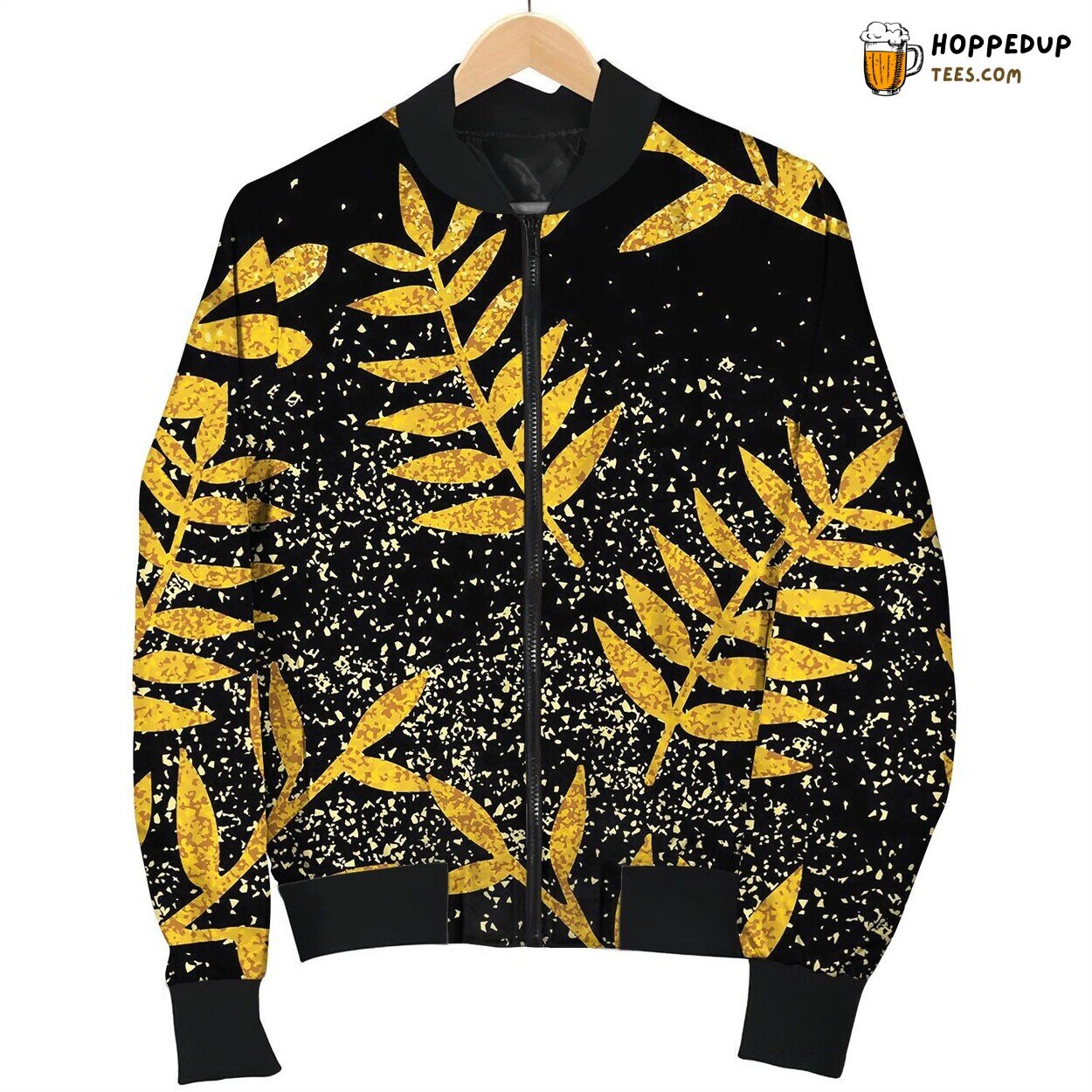 Tile Tropical Pattern With Golden Exotic Leaves Bomber Jacket
