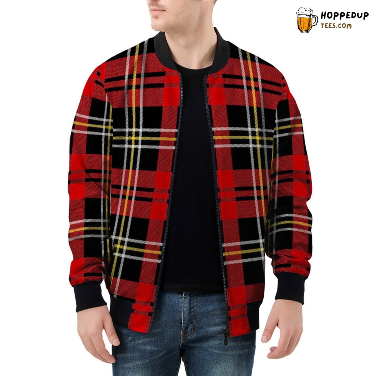 Timeless Elegance of Classic Red Tartan on Men’s Bomber Jacket
