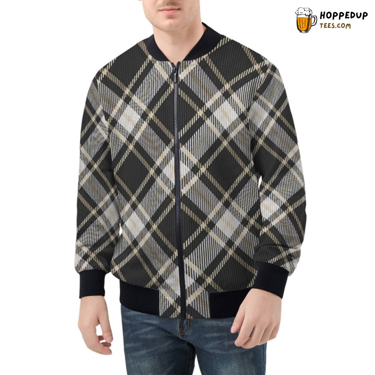 Timeless Stripe and Square Combination Elegantly Designed Bomber Jacket