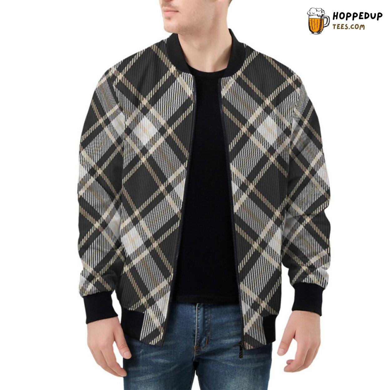 Timeless Stripe and Square Combination Elegantly Designed Bomber Jacket