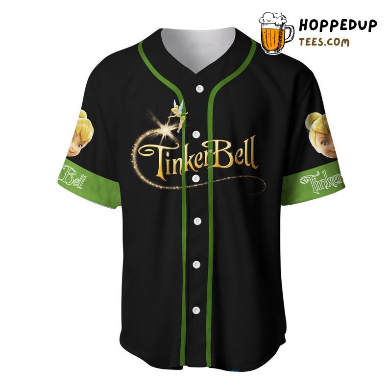 Tinker Bell Cartoon Graphics All Over Print Unisex Baseball Jersey Black Unisex Jersey Shirt