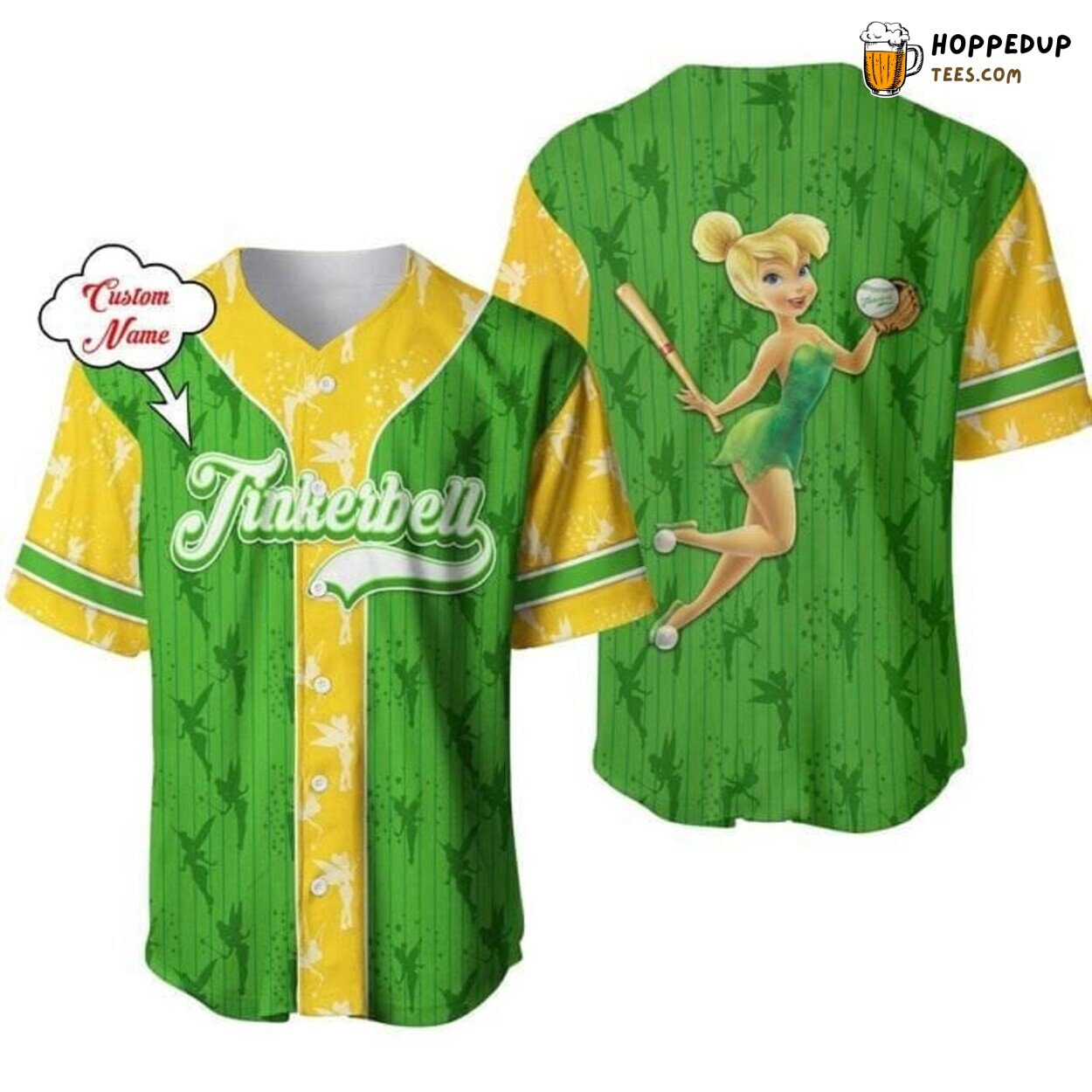 Tinker Bell Dark Green Yellow Disney Pattern Unisex Baseball Jersey