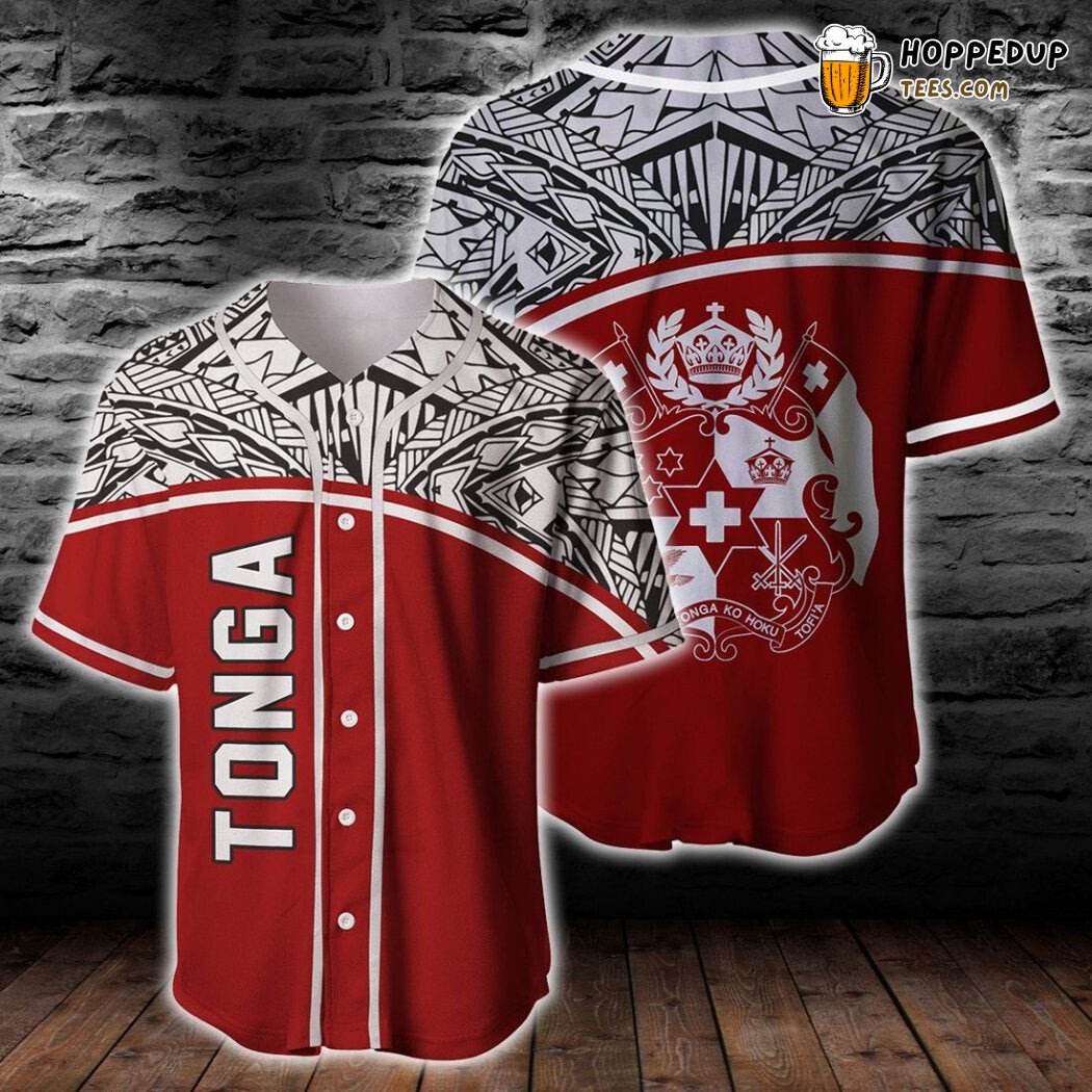 Tonga Polynesian Red Curve Baseball Tee Jersey Shirts 3D