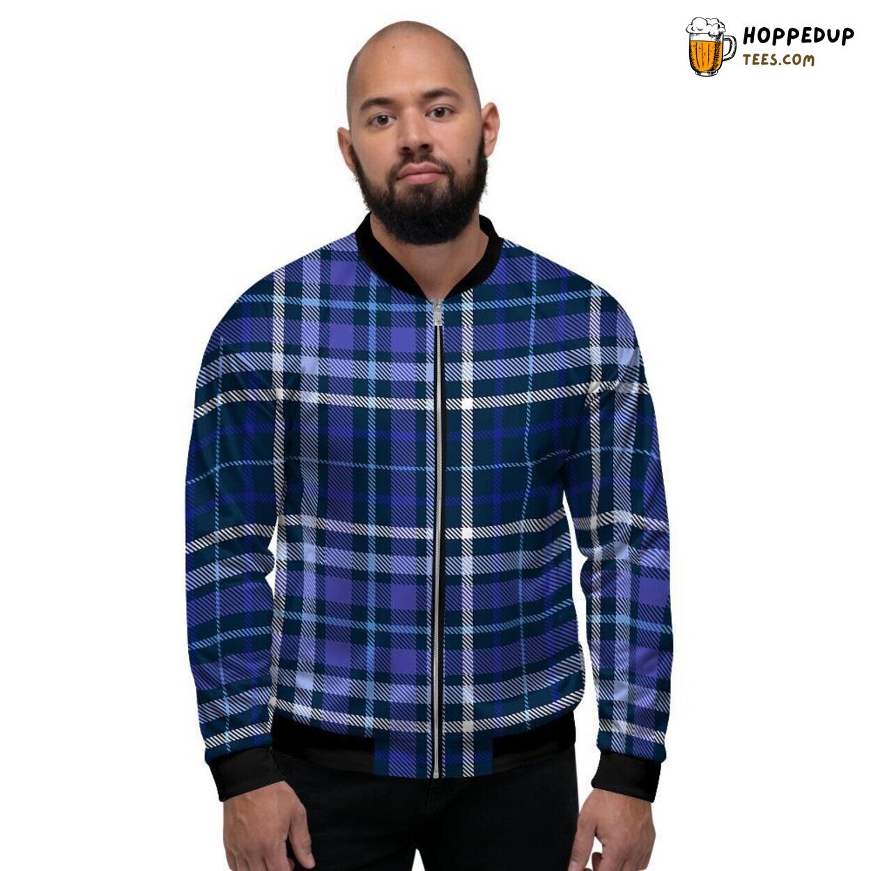 Traditional Blue Plaid Tartan Design Men’s Bomber Jacket Vintage Pattern Art
