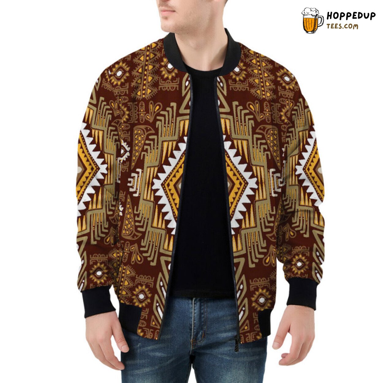 Traditional Ethnic Inspired Pattern Design Bomber Jacket Style