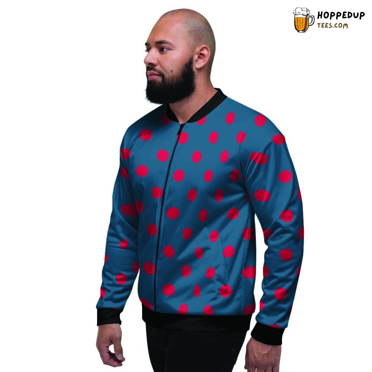 Traditional Navy Blue Polka Dot Men’s Bomber Jacket Classic Pattern Showcase