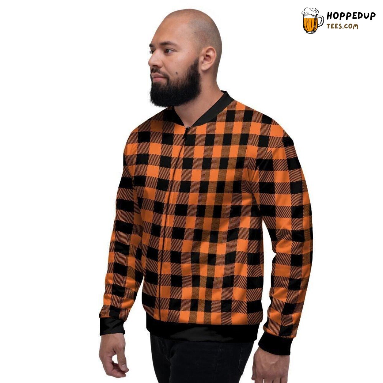 Traditional Orange Plaid Design Men’s Bomber Jacket Classic Pattern Display