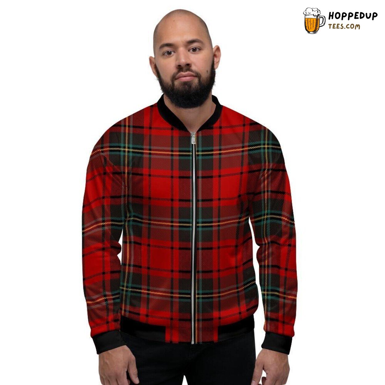 Traditional Red Plaid Tartan Pattern Men’s Bomber Jacket Classic Scottish Look