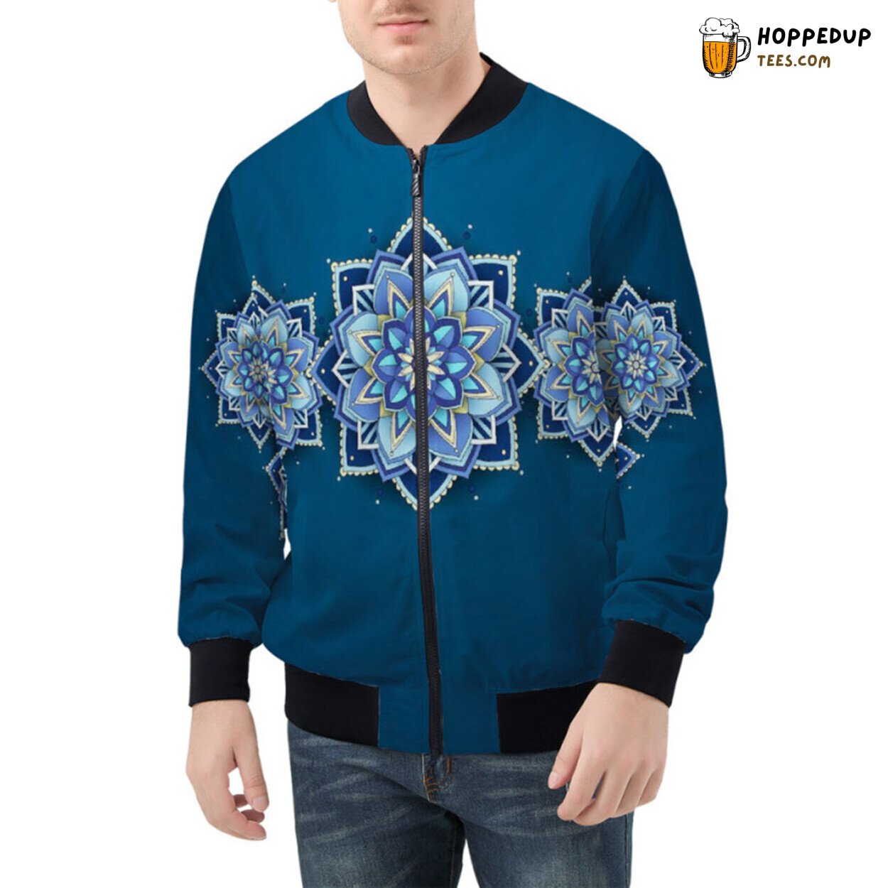 Tranquility of Blue Mandala Pattern Accentuating Bomber Jacket
