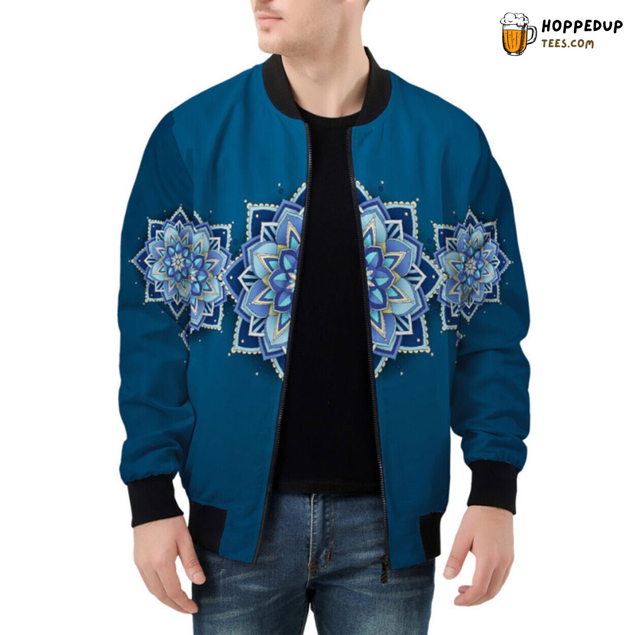 Tranquility of Blue Mandala Pattern Accentuating Bomber Jacket