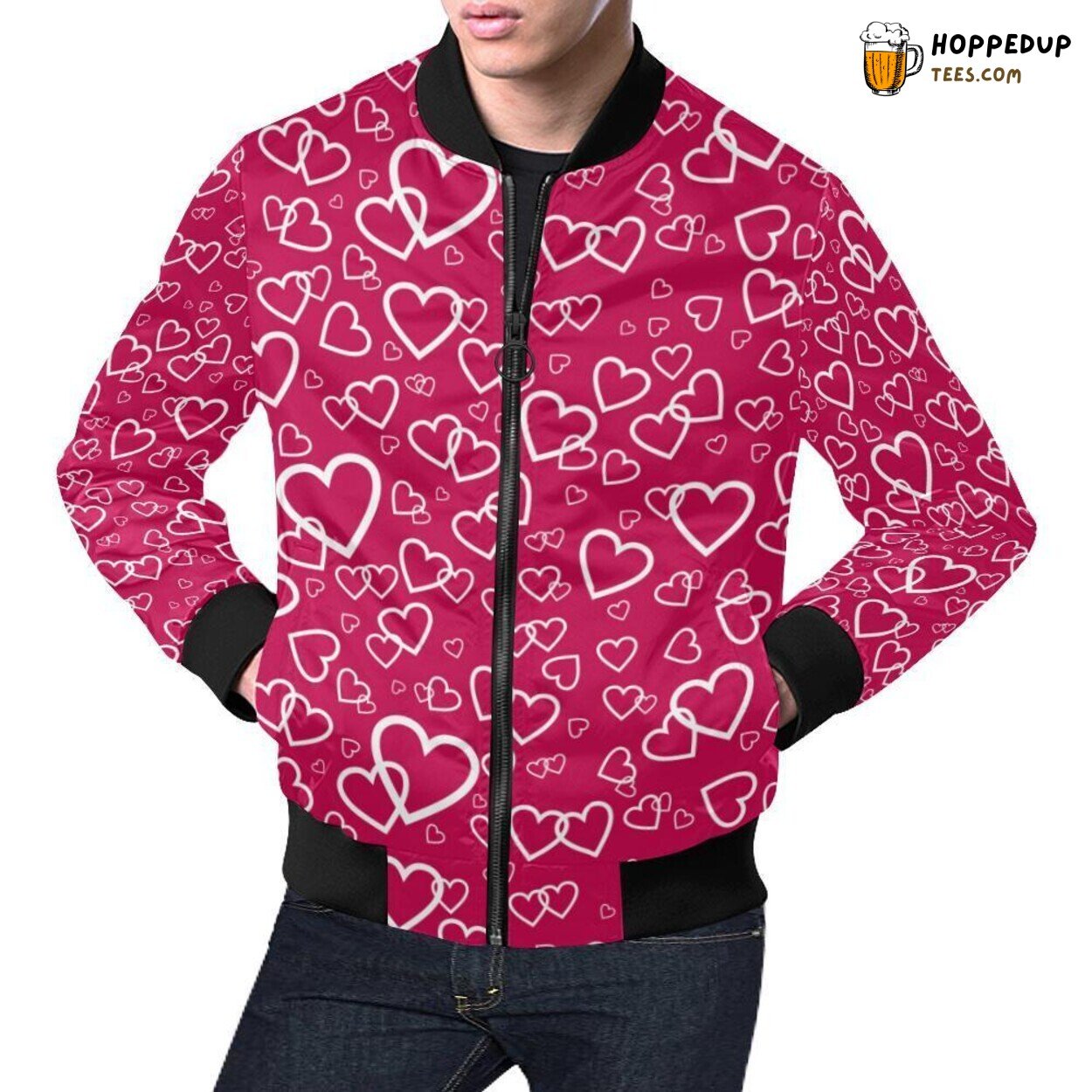 Trendsetting Men’s Bomber Jacket with a Heart Pattern Print