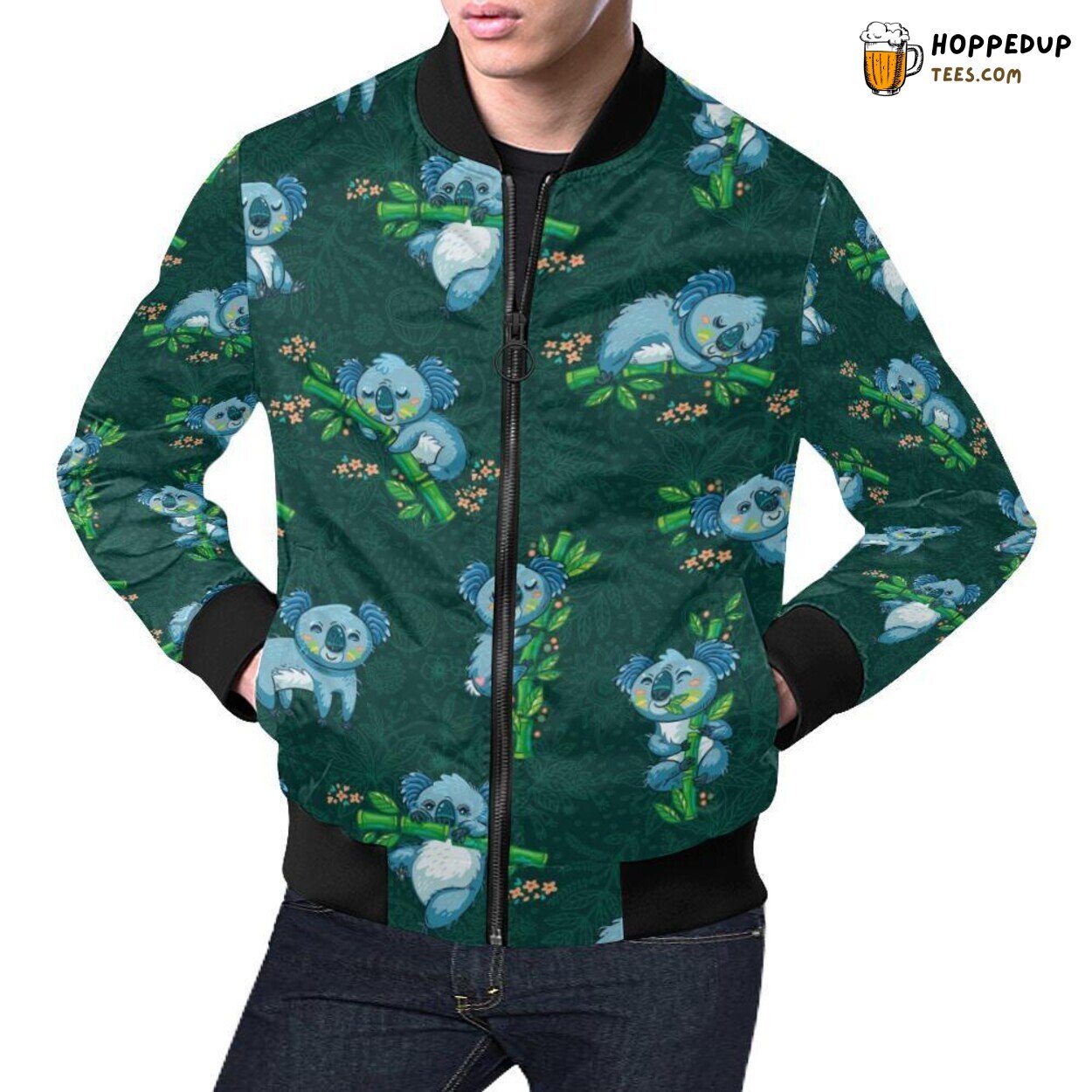 Trendsetting Men’s Bomber Jacket with Bamboo & Koala Pattern Print