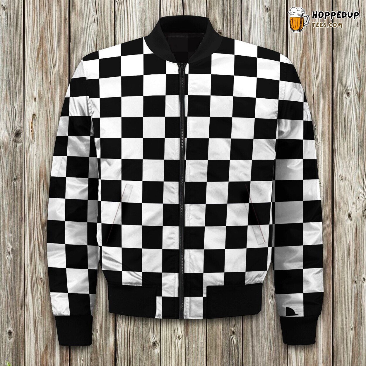 Trendy Black White Checkered Plaid Chic Winter Bomber Jacket Design